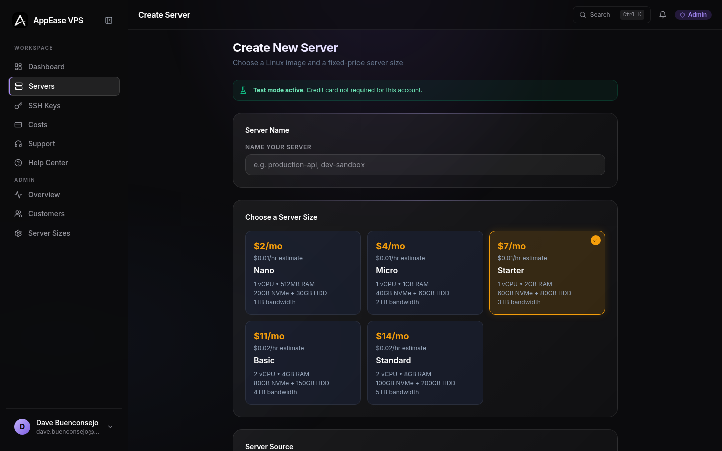 AppEase VPS create server