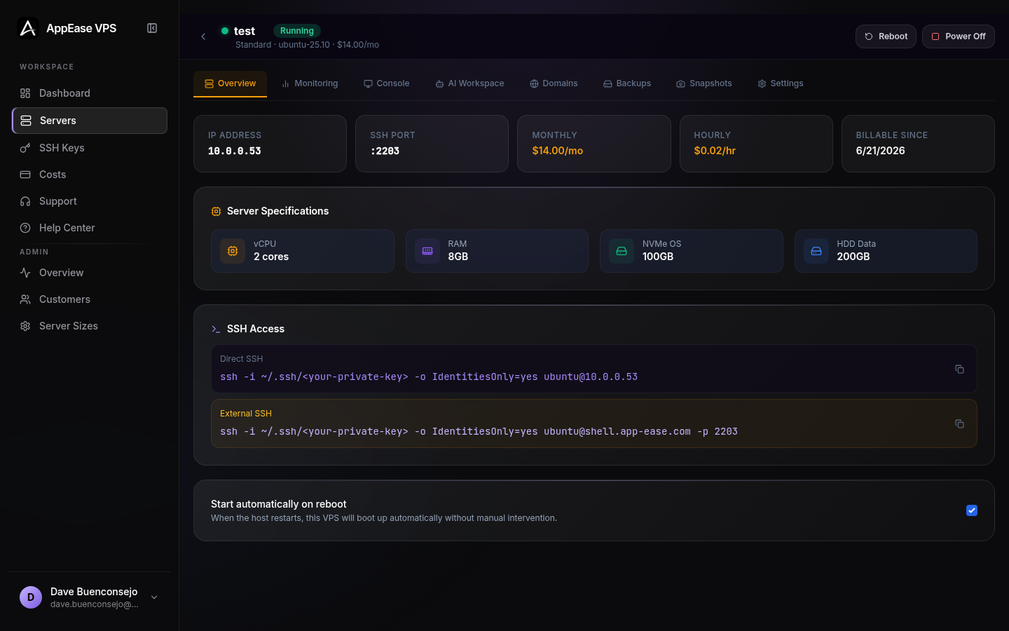 AppEase VPS server overview